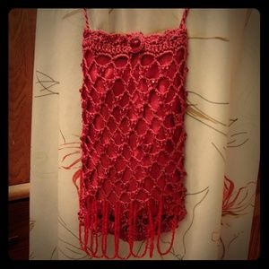 Red crocheted beaded crossbody mini purse